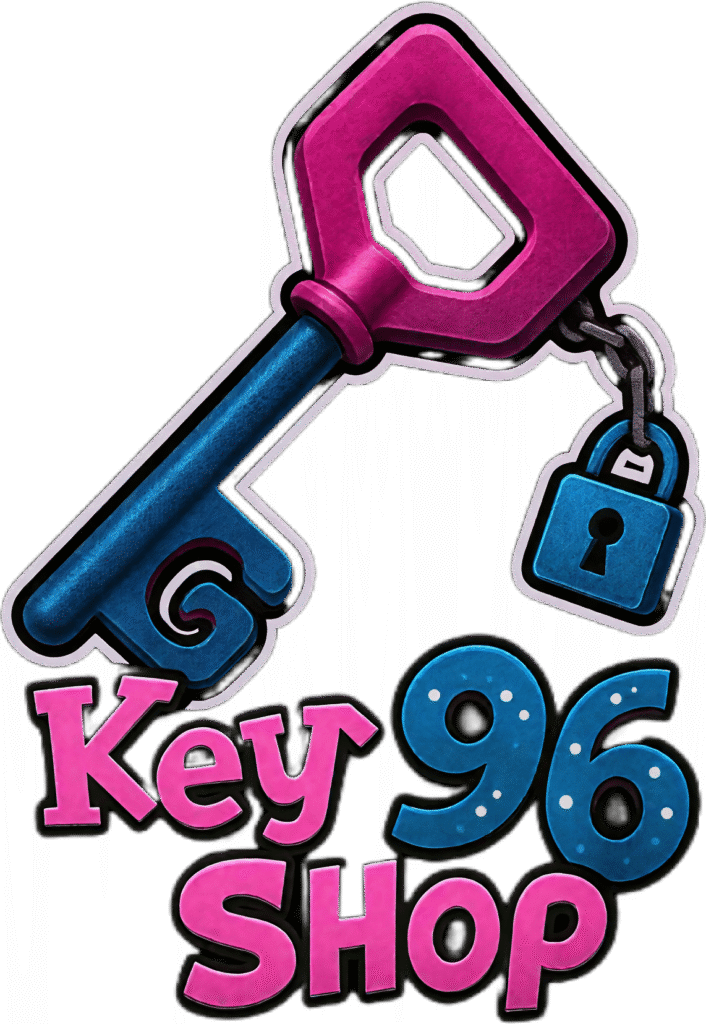 Logotipo de KEY96 SHOP con una llave azul y rosa unida a un candado azul, sobre fondo negro. Letras en rosa y azul con estilo moderno y brillante.