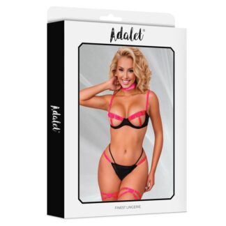 ADALET LINGERIE Pauline Set – Sujetador, Tanga, Ligas y Choker (Negro & Rosa)